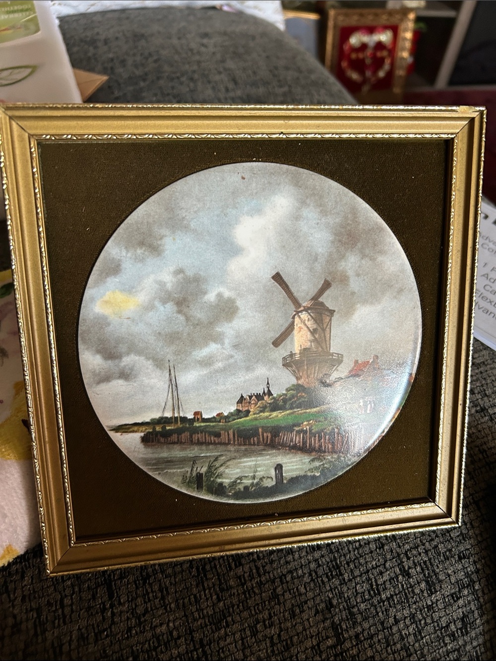 Framed Windmill Landscape Wall Art - Gold Frame, Brown Mat